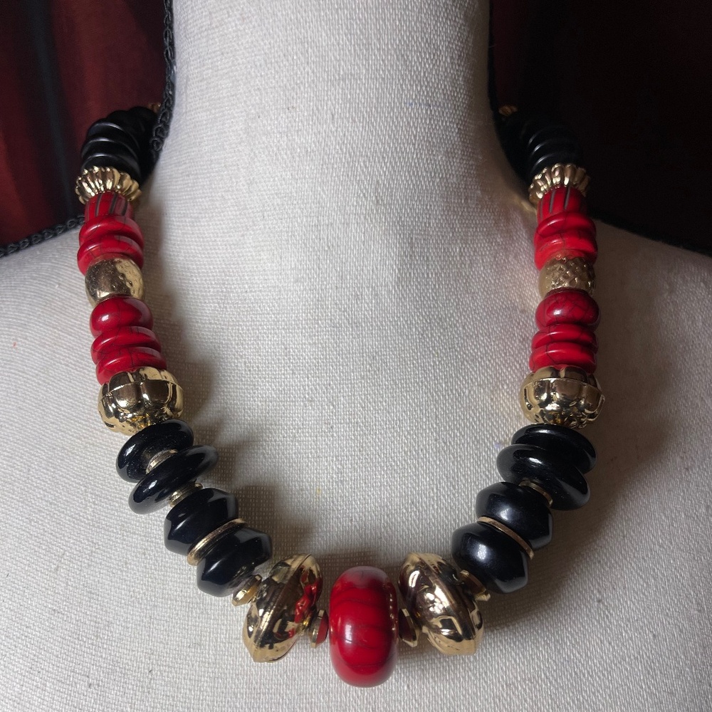 Chico's Large Black, Red & Gold Beads Necklace